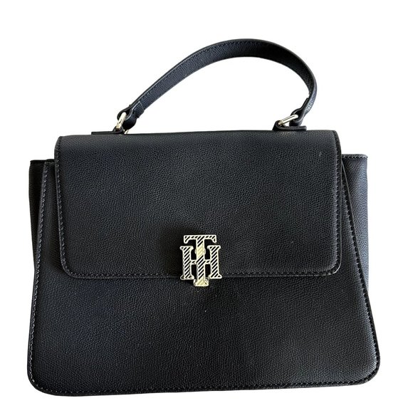 Tommy Hilfiger Outline Logo Plaque Black Satchel Handbag